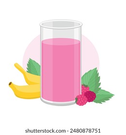 Batido con frambuesa y plátano. Bebida rosa. Saludable. Vitamina. Bebida. Icono de color. Sobre un fondo blanco. Arte plano. Vaso de batido. Linda ilustración. Tarjeta. Menú.