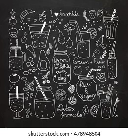 Smoothie and Raw food collection. Hand drawn vector icons