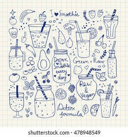 Smoothie and Raw food collection. Hand drawn vector icons