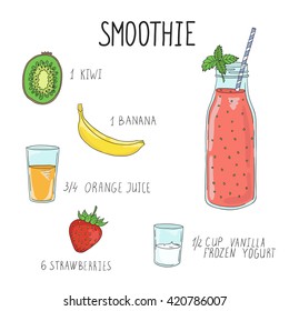 Smoothie recipe with a bottle and ingredients. Detox and healthy eating. Hand-drawing.