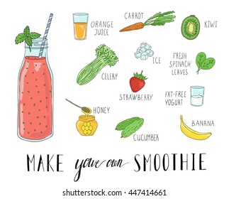 Smoothie recipe with a bottle and ingredients. Detox and healthy eating. Hand-drawing.