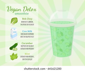 Smoothie recipe - detox, milk, cucumber, mint - healthy drink. Made in cartoon flat style.