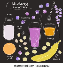 Smoothie recipe drawing. Blueberry smoothie glass with ingredients. Blueberry, honey, banana, oats, orange. Chalk grungy sketch line art. Vector culinary illustration.