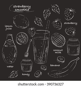 Smoothie recipe drawing. Green smoothie glass with ingredients. mint, avocado, cucumber, lime, water. Charcoal grungy sketch line art. Vector chalkboard illustration.