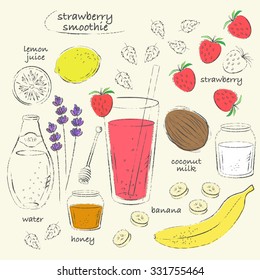 Smoothie recipe drawing  Strawberry smoothie glass and ingredients  Banana  strawberry  lemon  honey  water  coconut milk  Charcoal grungy sketch line art  Vector culinary illustration 