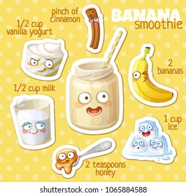 Smoothie recipe illustration with funny characters. Milkshake ingredients cartoon vector icons