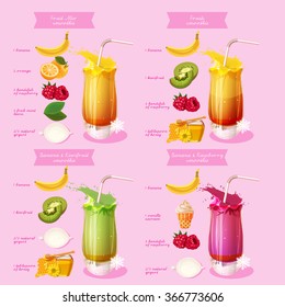 Smoothie recipe. Menu element for cafe or restaurant with energetic fresh drink. Fresh juice for healthy life.