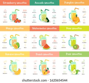 Smoothie recipe set. Collection of tasty healthy drink in glass. Fruit detox beverage for breakfast. Banana and strawberry ingredient. Vector illustration in cartoon style isolated