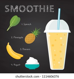 Smoothie recipe with spinach, pineapple, banana and yogurt vector illustration isolated on chalkboard. Conception of Fresh juice for healthy life. 
