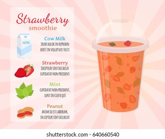 Smoothie recipe - strawberries, detox, milk, healthy drinks. Blackberry, peanut, hazelnut in recipes. Made in cartoon flat style.