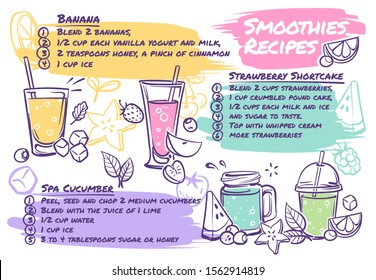 Smoothie recipes. Fruit cocktails with smoothie ingredients, vegetables and herbs, tasty organic detox drink healthy nutrition vector menu and fresh juice drinking receipt