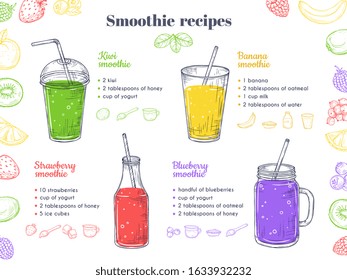 Smoothie recipes. Green healthy shakes, detox food. Fruit vegan drinks, fresh menu and raw ingredients. Cocktail menu vector illustration