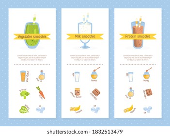 Smoothie Recipes Set, Vegetable, Milk, Protein, Raw Natural Food Drinks, Healthy Tasty Natural Cocktails Vector Illustration