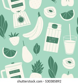 Smoothie seamless pattern. Vector background made of smoothie ingredients and greens. Surface design for kitchen and cafe