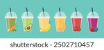 Smoothie set. Banana, carrot, orange, avocado, strawberry, berries, raspberry and blueberry. Healthy smoothie vector illustration.