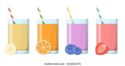 Smoothie set. Collection of tasty healthy drink in glass. Fruit detox beverage for breakfast. Banana and strawberry ingredient. Vector illustration in cartoon style isolated