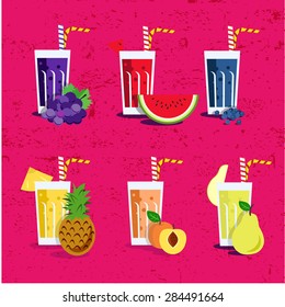 Smoothie set with fruits. Menu element for cafe or restaurant with energetic fresh drink made in flat style. Fresh juice for healthy life. Organic raw shakes.