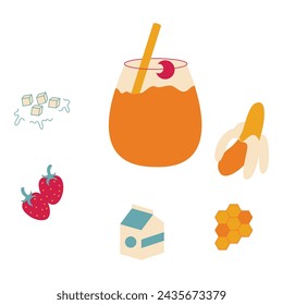 Smoothie with set of ingredients. Ice cubes, strawberries, milk, honey, and banana. Vector illustration in flat style with drink theme. Editable vector illustration.