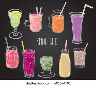 Smoothie set on chalkboard. Healthy food. Isolated elements. Hand drawn vector illustration in sketch style