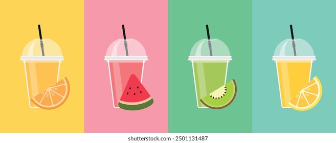 Smoothie set. Orange, watermelon, kiwi and lemon fresh smoothies. Refreshment beverages vector illustration.