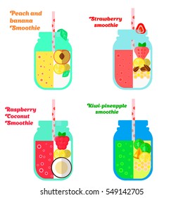 Smoothie set: raspberry, strawberry, kiwi, peach. With illustration of ingredients and vitamin. flat illustration