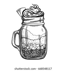 Smoothie sketch. Illustration isolated on white background. Engraving style. Botanical food illustration. Lettering smoothies