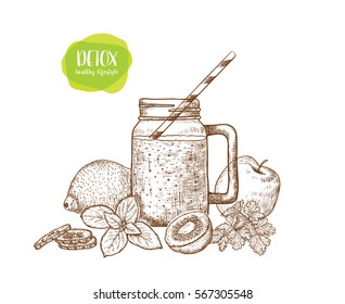 Smoothie. Sketch of vegan food for cooking cards, stickers, labels, tags. Healthy Lifestyle with detox. Vector hand drawn illustration .