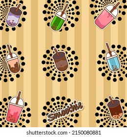 Smoothie Sticker.  Green tea flavor, Strawberry flavor, Milk tea, Cocoa, Grape flavor. Doodle vector illustration.