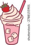 Smoothie with strawberry vector doodle illustration. Fruit berries milkshake cocktail with whipped cream and ice cubes. Smoothie in a jar with straw isolated on white. Dairy beverage dessert line art