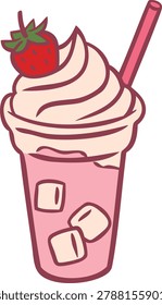 Smoothie with strawberry vector doodle illustration. Fruit berries milkshake cocktail with whipped cream and ice cubes. Smoothie in a jar with straw isolated on white. Dairy beverage dessert line art