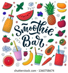 Smoothie summer bar menu design elements. Vector illustration. Hand drawn calligraphy lettering and fresh juice ingredients. Fruits, berries bottles and glasses doodle style icons.