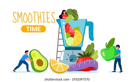 Smoothie time Making healthy drink Blender for vegetables Preparation of natural organic juices and smoothies from tomatoes avocados limes cucumbers green herbs Cartoon Flat Vector Illustration