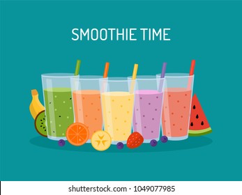 Smoothie time! Smoothie or milkshake in glasses with straw. Concept for cocktail bar. Vector illustration in flat design.