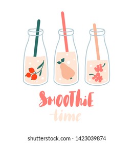 Smoothie time. Set of smoothies or fresh juice in jars with fruits. Collection of hand drawn glass bottles with summer cocktails. Concept for healthy food menu bar. Cute flat vector illustration 