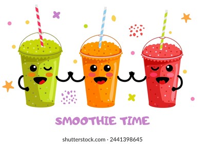 Smoothie time. Set of smoothies or fresh juice. Cocktails in plastic cup, tubule. Summer cocktails. Concept for healthy food menu bar. Cute kawaii style design. Flat vector illustration