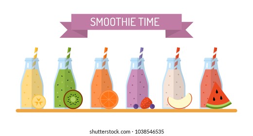 Smoothie time. Set of smoothies or milkshakes in jars with ingredients isolated on white background. Concept for cocktail menu bar. Vector illustration in flat design.