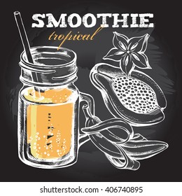 Smoothie tropical fruits in glass mason jar with straw and banana, papaya, sliced carambola. Hand-drawn vector illustration on the blackboard.