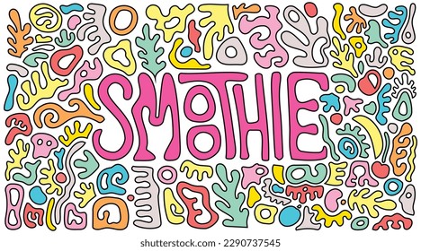 Smoothie Typografie Doodle Set, frische, farbenfrohe und fröhliche, abstrakte, gemusterte Zeichnung