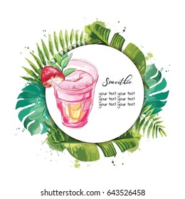 Smoothie. Vector background with tropical leaves.