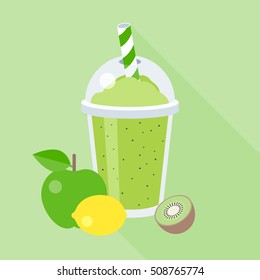 smoothie vector illustration with fruits, apple, lemon, kiwi, blend fruits juice, flat design with long shadow