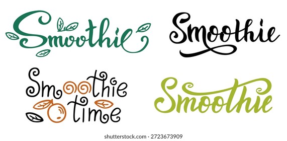 Marca de logotipos de vetor Smoothie definida. Logotipo caligráfico de bebidas saudáveis. Letras modernas manuscritas para café, menu. Manuscrito Smoothie. Ilustração vetorial isolada sobre fundo branco.
