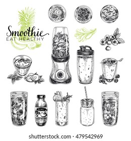 Smoothie Vector Set. Healthy Foods Illustrations In Sketch Style. Hand Drawn Design Elements.