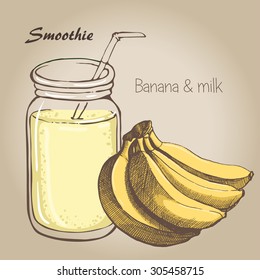 smoothie vector sketch. Natural bio drink, healthy organic food. Hand drawn vector illustration in doodle style 