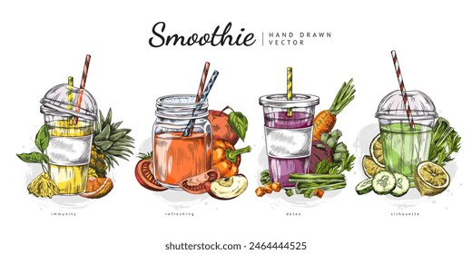 Smoothie with vegetables and fruits hand drawn vector illustrations set. Natural organic shake cocktail with straws. Smoothie jars of detox, immunity, refreshing healthy plant food beverage