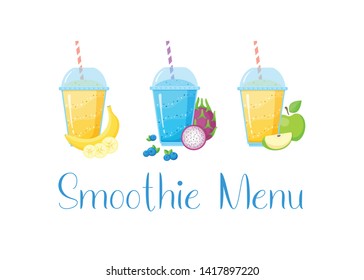 Smoothie vitamin drink set vector illustration. Fresh vegetarian smoothies drink with colorful layers in glass, raw fruit and sign Smoothie Menu isolated on white background for fitness landing page