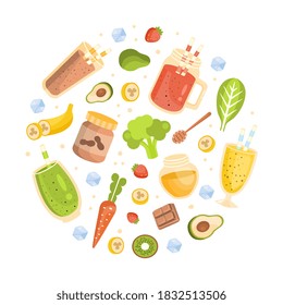 Smoothies Banner Template, Healthy Vitamin Drinks and Ingredients of Round Shape, Tasty Natural Detox Cocktail Cartoon Vector Illustration