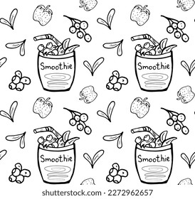Smoothies with berries seamless pattern. Blueberry, strawberry, currant Black and white vector image. Pattern for background, card, poster, coves, scrapbooking, textile, wrapping, banners, notebook.