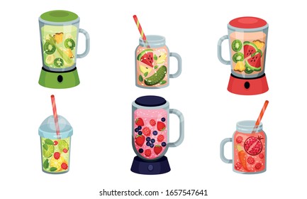 Smoothies in Blenders and Glass Jars with Different Ingredients Vector Set. Cocktail Bar - Shutterstock ID 1657547641
