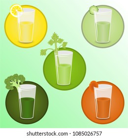 Smoothies with broccoli, celery, cucumber, carrots. Health care lifestyle cocktails vector illustration .Green, dark green, orange , light green , yellow , lime green.