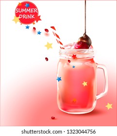 Smoothies in a clear cocktail jar.Vector image for summer smoothie advertising, fruit sales.Drink with a straw,a cherry,dripping with chocolate.Pink beverage in a mason Jar Glass.